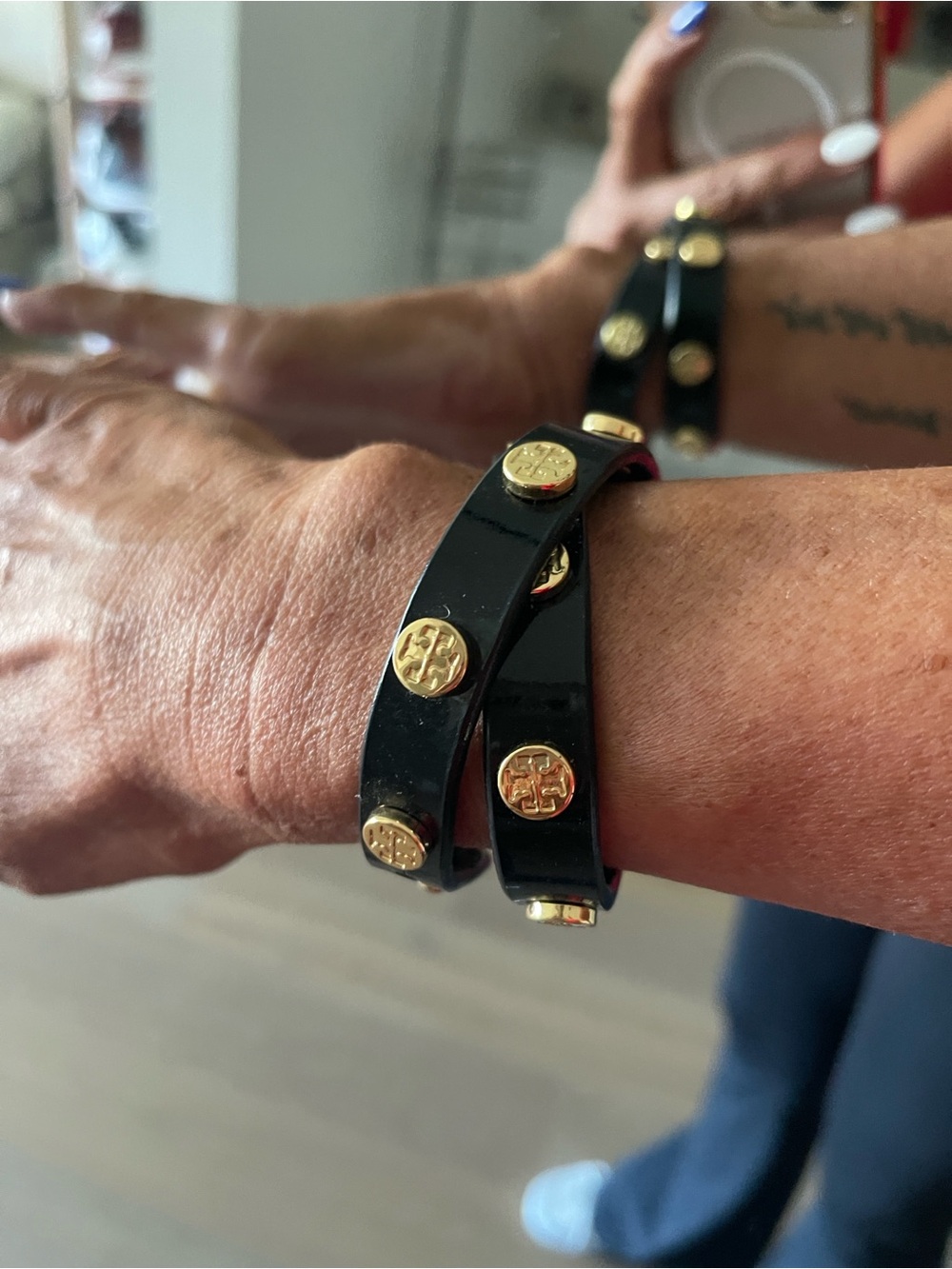 Tory Burch Black Enamel Wrap Bracelet with Gold Logo Studs